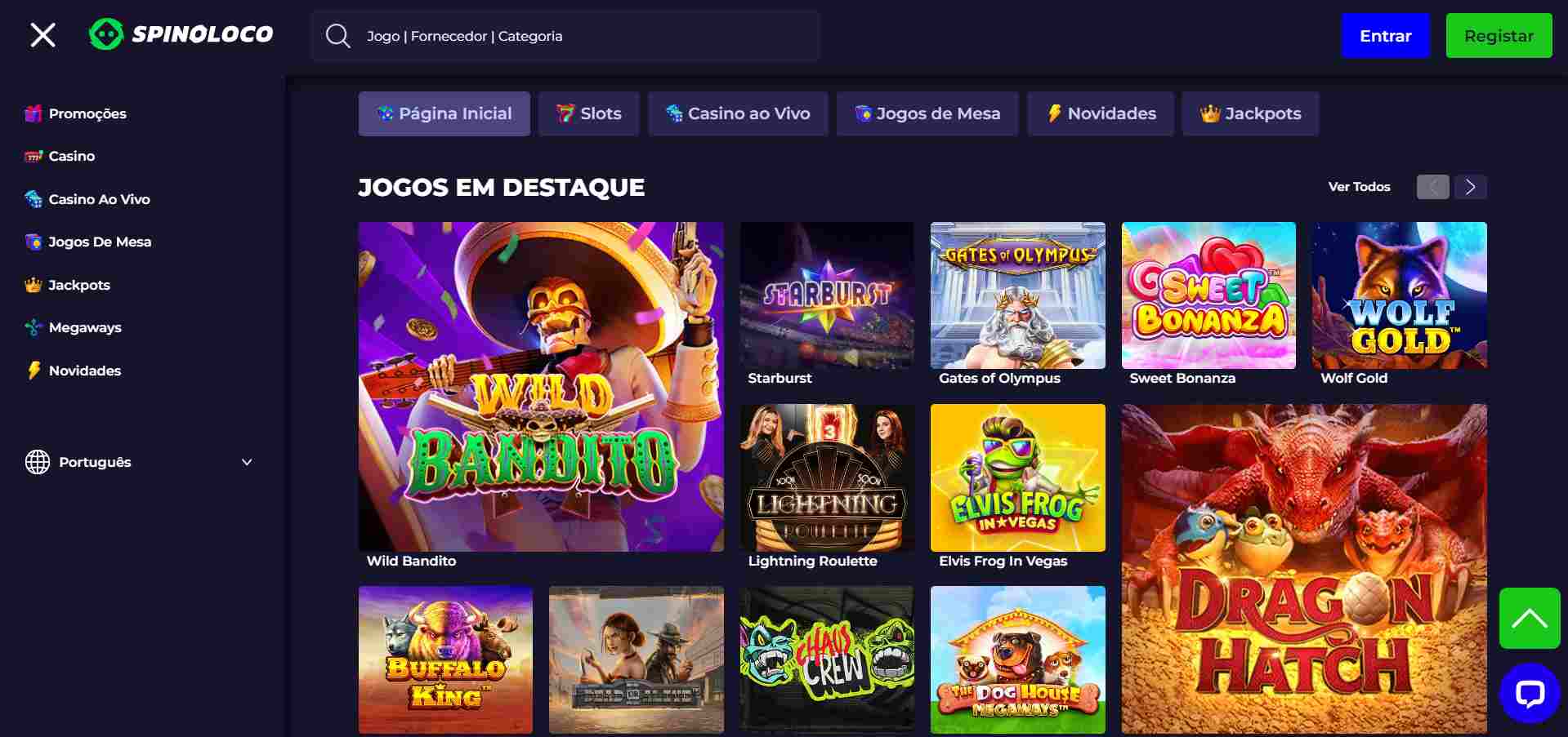 Variedade de jogos no Spinoloco